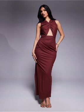 ASOS stretch twist detail midi dress with gold trim back in wine Size US 14